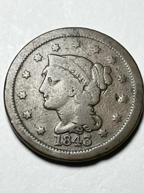 1843 Us Large Cent Braided Hair Variety Vg-F