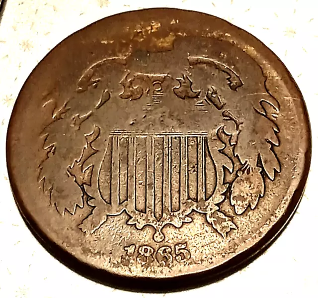 1865 Two Cent Copper Piece, 2c U.S. Civil War Date Odd Type Coin