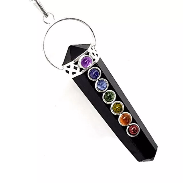 Black Tourmaline Crystal Double Point 7 Chakra Stone Pendant Necklace Reiki Heal