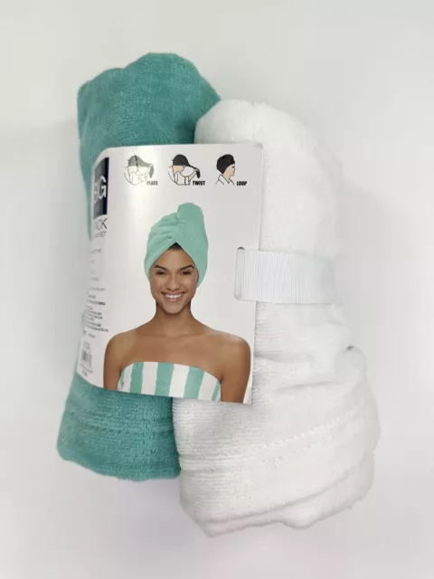 NWT Kohls The Big One 2Pack Green/White Quick Dry Wet Hair Wrap Twist Bath Towel