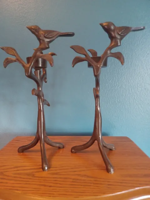A Vintage Pair Of Metal Wrought-Iron Like Bird And Leaf Candlesticks