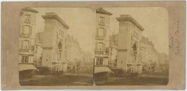 Stéréo circa 1865. Paris. Porte Saint-Denis. Compagnie générale des omnibus.