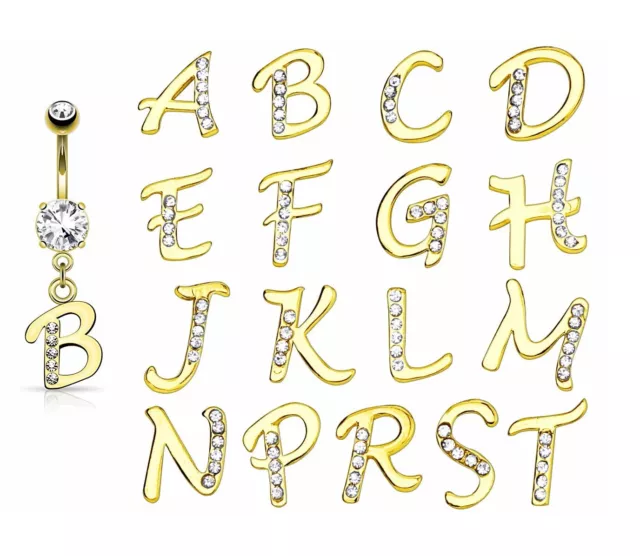 14kt Gold Plated Initial Dangle Navel Ring Belly Button Ring 14G 3/8"