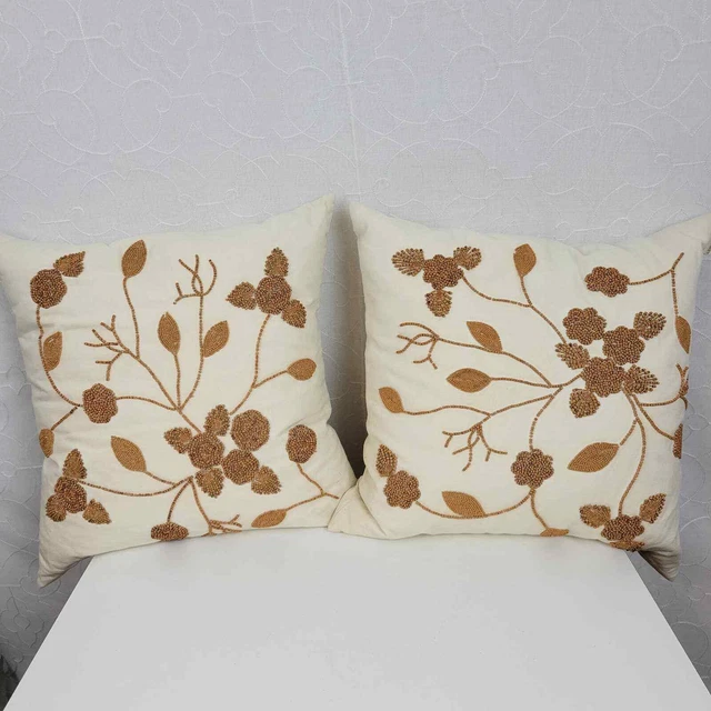 Arhaus Beaded Pillows Tan Leaf & Floral Square Linen Decorative Cushion Set of 2