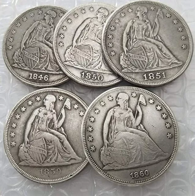 Rare1846-1860 Full Set 5 pcs Seated Liberty Dollar Restrike Coin. Explore now!