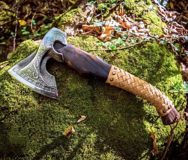 HAND FORGED NORSE CELTIC Carbon Steel Viking Axe VALHALLA  AXE Throwing W/Sheath