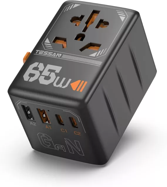 Universal Travel Adapter 65W International Plug Adaptor with 2 USB C 2 USB A