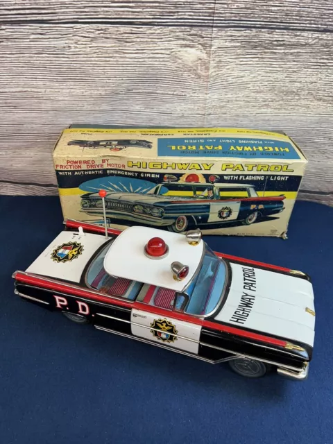 Vintage Japan Tin Litho Friction Toy ICHIKO HIGHWAY PATROL POLICE CAR w/ Box