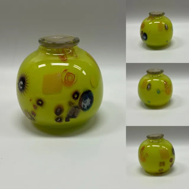vintage signed Jon Oakes yellow lidded art glass jar / urn / vase