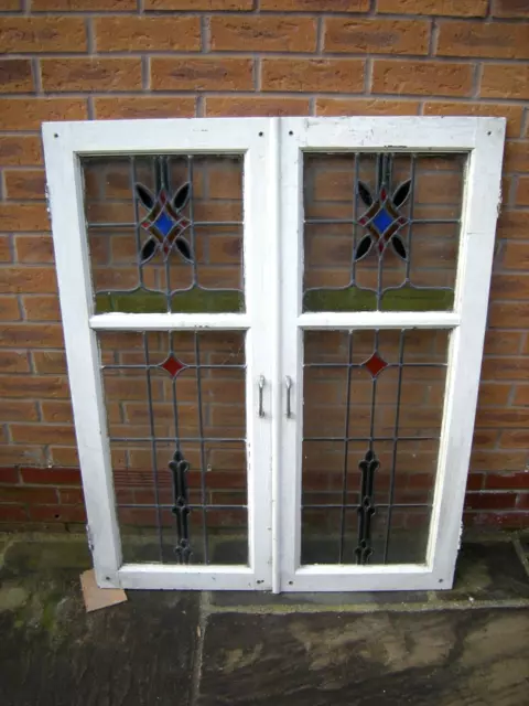 Pair of Reclaimed Leaded Stained Glass Hinged  ( Windows or cupboard doors??)