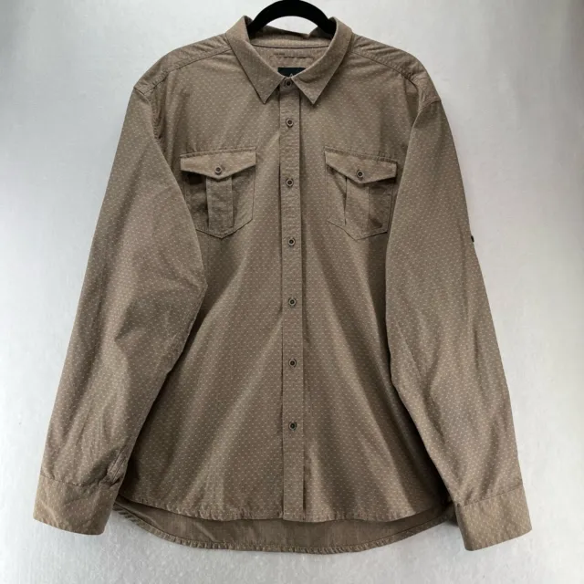 Prana Shirt Men Sz XL Ascension Birdeye Button Front Roll Tab Sleeve Woven Brown