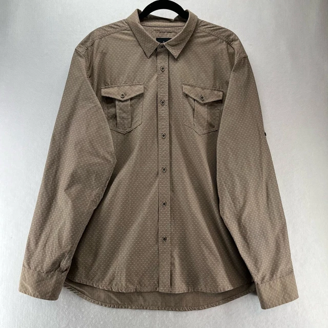 Prana Shirt Men Sz XL Ascension Birdeye Button Front Roll Tab Sleeve Woven Brown