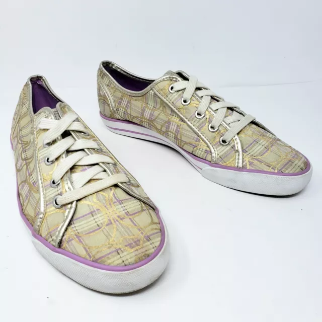 Coach Womens 9.5 Leatherware Dee Sneakers Plaid Green Purple Gold Logo Shoes