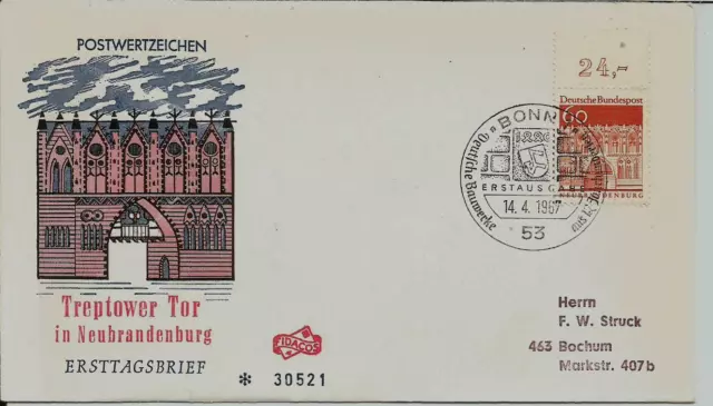 BRD FDC MiNr 496 (4b) Rand oben R 4 "Deutsche Bauwerke aus 12 Jahrhunderten II"