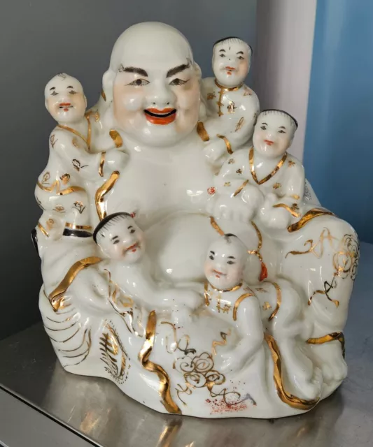 Vintage 1950s Ceramic Laughing Buddha Figurine Holding Beads With 5 Children C14