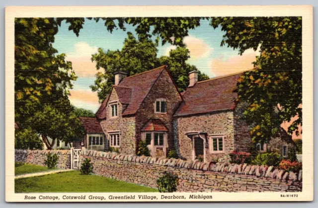 Rose Cottage Cotswold Group Greenfield Village Dearborn Michigan Linen Postcard