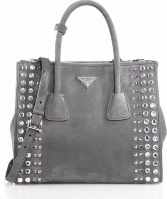 2014 Prada Grey Canapa Convertible Studded Suede Twin Pocket Tote