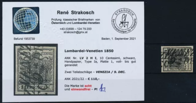 LOMBARDEI-VENETIEN 1850 10C, schwarz, HP, Type I.a, KW:110,-€! VENEZIA. Befund!