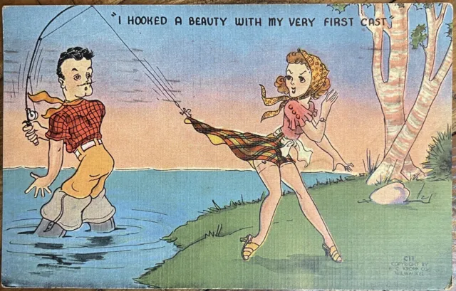 Fishing Comic Joke Risque Pinup Linen Postcard “Hooked a Beauty”