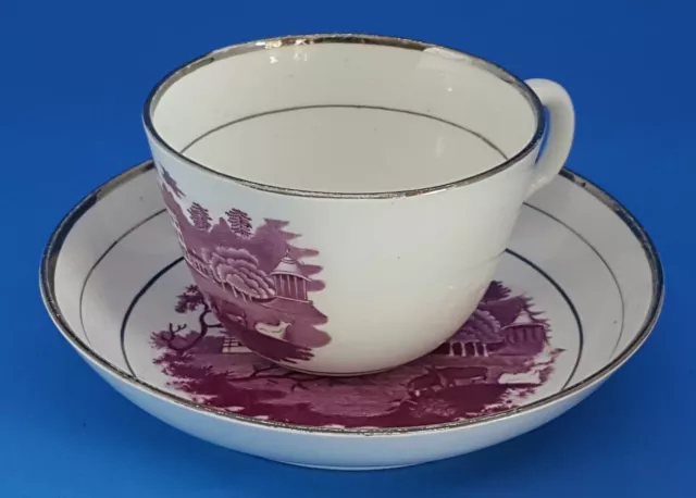 Purple transfer print & silver lustre vintage pre Victorian antique cup & saucer