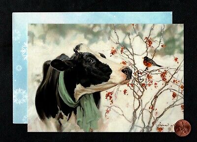 Christmas Cow Bird Branches Snow Scarf Berries - Christmas Greeting Card NEW