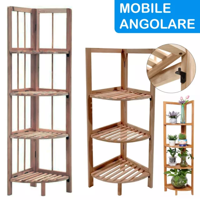 Mobile Angolare Libreria Scaffale Pieghevole 4 e 3 Ripiani Legno Bambu Angoliera