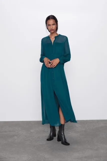 NWT ZARA Women’s Teal Green Pleated Button Up Shirt Midi Dress Small S