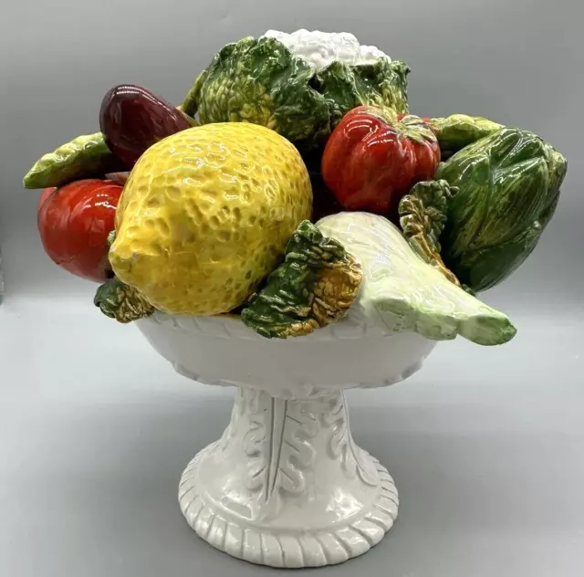 VTG MCM Italian Majolica Fruit & Vegetable Pedestal Compote Intricate & Colorful