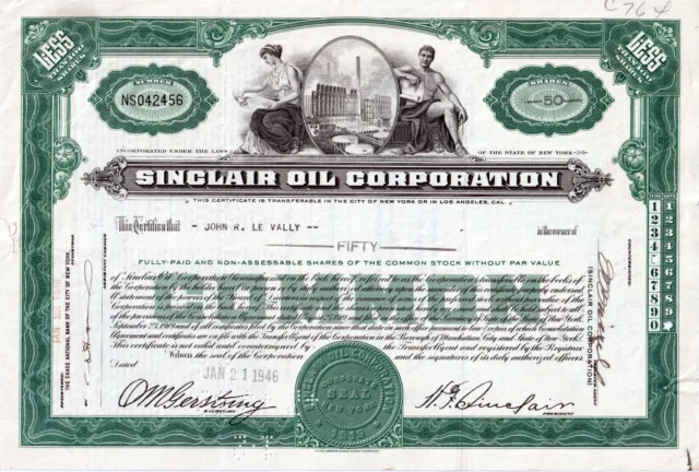 50 shares Sinclair Oil Company Stock Cert 1946  77yrs old