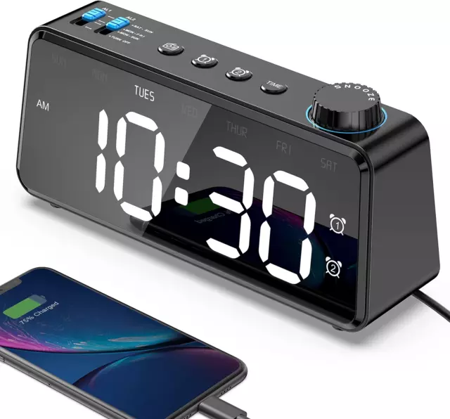 ANJANK Bedside FM Radio Dual Alarm Clock Wireless Charger Station Digital LED