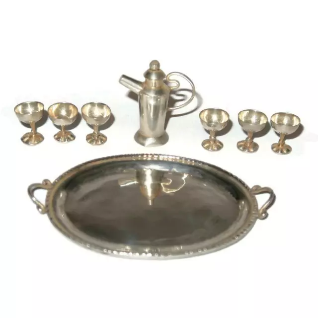 Miniature Doll House Set, Sterling, Cocktail Martini Shaker, Platter, 6 Goblets 3