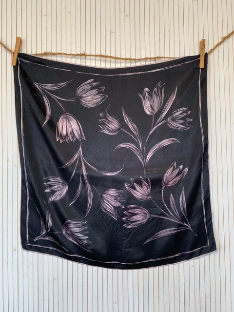 Foulard Carré En Soie Vintage - Imprimé Floral Jardinage - Multicolore - Occasion Bon état - Cadeau Pour Femme