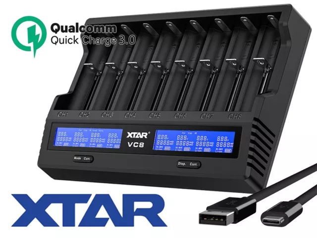 Xtar VC8 USB 8-Schacht Ladegerät Li-Ion NiMH NiCD Akkus Quick Charge 3.0 USB C