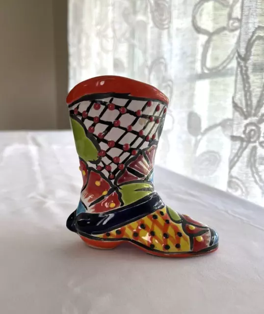 Mexican Talavera Pottery Ceramic Cowboy Boot Vase Planter 4 inches tall