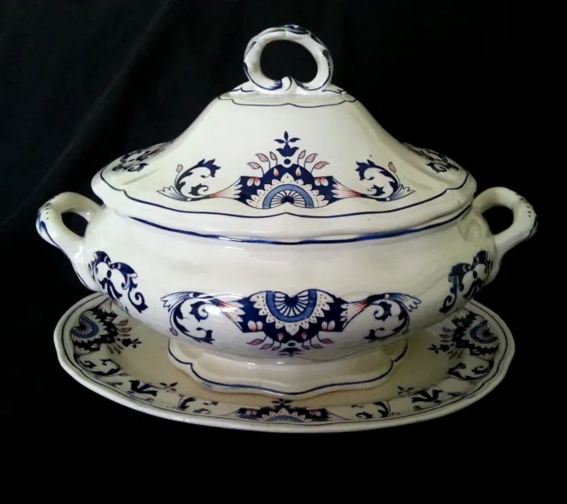 Antique French Terre de Fer Rouennais Ironstone Covered Casserole bowl & plate