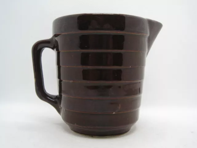 Vintage Monmouth Pottery Dark Brown Glaze Ribbed Water Milk Batter Pitcher USA