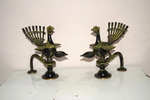 Brass Peacock Incense Burner Pair of Lamps With Grip Handle Dhoop Daani EK909