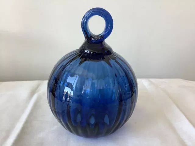 Art Glass Round Ornament Cobalt Blue Hand-Blown Large 6”x4.5” Vintage