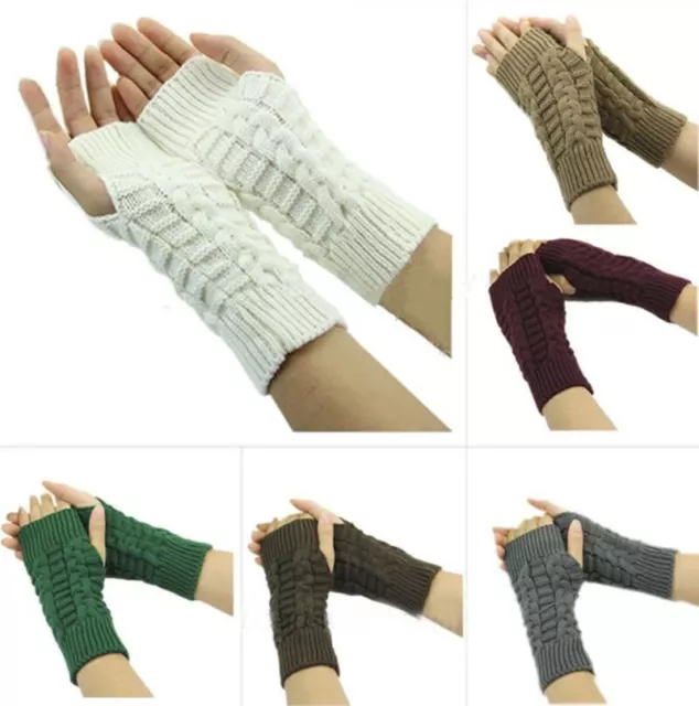 Womens Plain Fingerless Long Gloves Wrist Arm Knitted Mitten Winter Hand Warmer