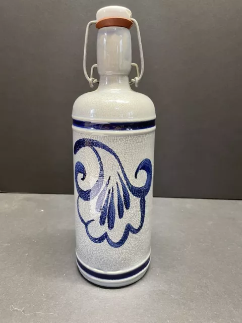 Beautiful Staffel Stoneware W. Germany Bottle w/ Lid and Clasp/Clamp - Cobalt