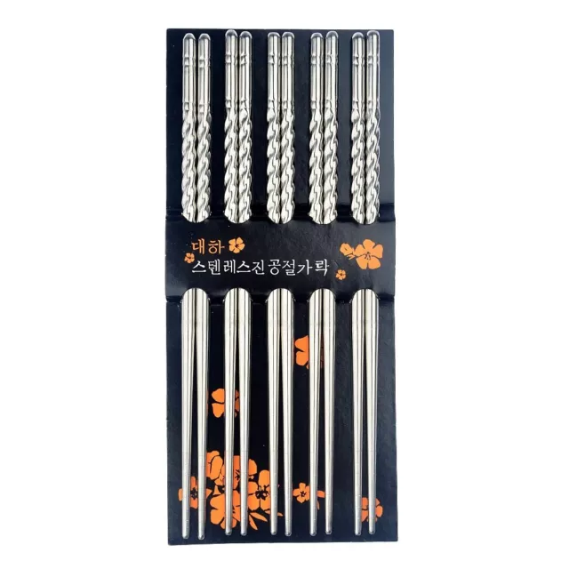 5 Pairs Reusable Chopsticks Metal Korean Chinese Steel Silver