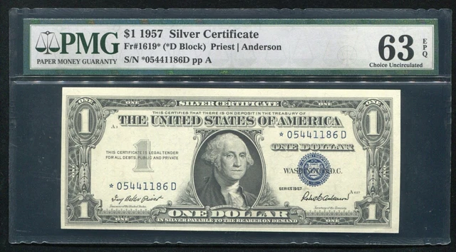 Fr1619* 1957 $1 One Dollar *Star* Silver Certificate Note Pmg Uncirculated-63Epq