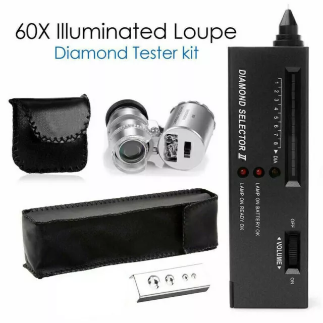 Diamantprüfer Selector Edelstein Tester Werkzeug + 60 X Beleuchtete LED Lupe