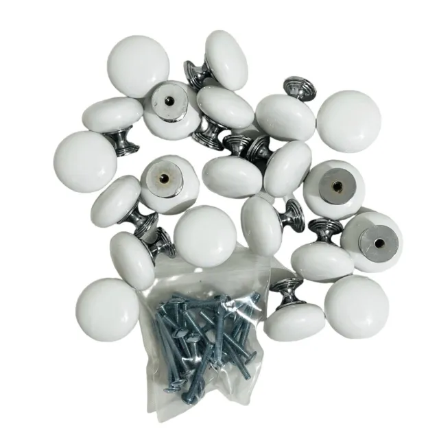 White 1.25" Mushroom Ceramic 1 1/4" Knobs Chrome Base Cabinet Drawer Lot of 20