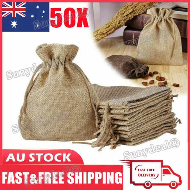 50x Small Bag Natural Linen Pouch Drawstring Burlap Jute Sack Jewelry Gift Wed