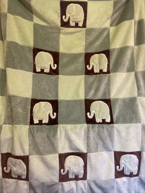 Amy Coe Limited Ed. Green Brown Mod Elephant Baby Blanket Minky 30” x 40”