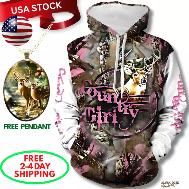 ALURA DUSK Country Girl Womens Pink Camo Deer Hunter Hoodie White or Black