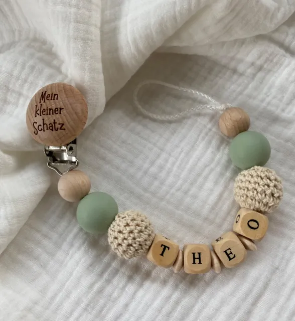 Schnullerkette mit Namen Junge  Mädchen Geschenk Holz Silikon Nuckelkette