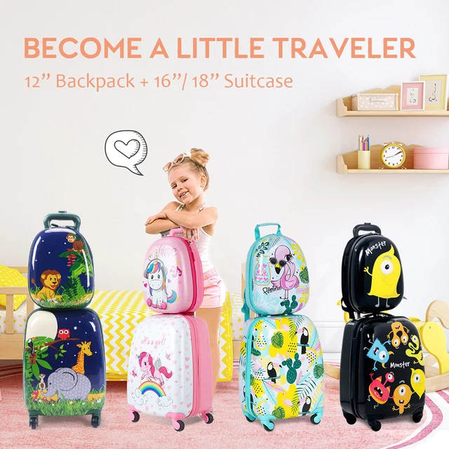 2PC Kids Luggage Set 16"/18"Suitcase+12"Backpack Carry On Bag Travel Cover Gif