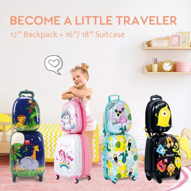 2PC Kids Luggage Set 16"/18"Suitcase+13"Backpack Carry On Bag Travel Cover Gif